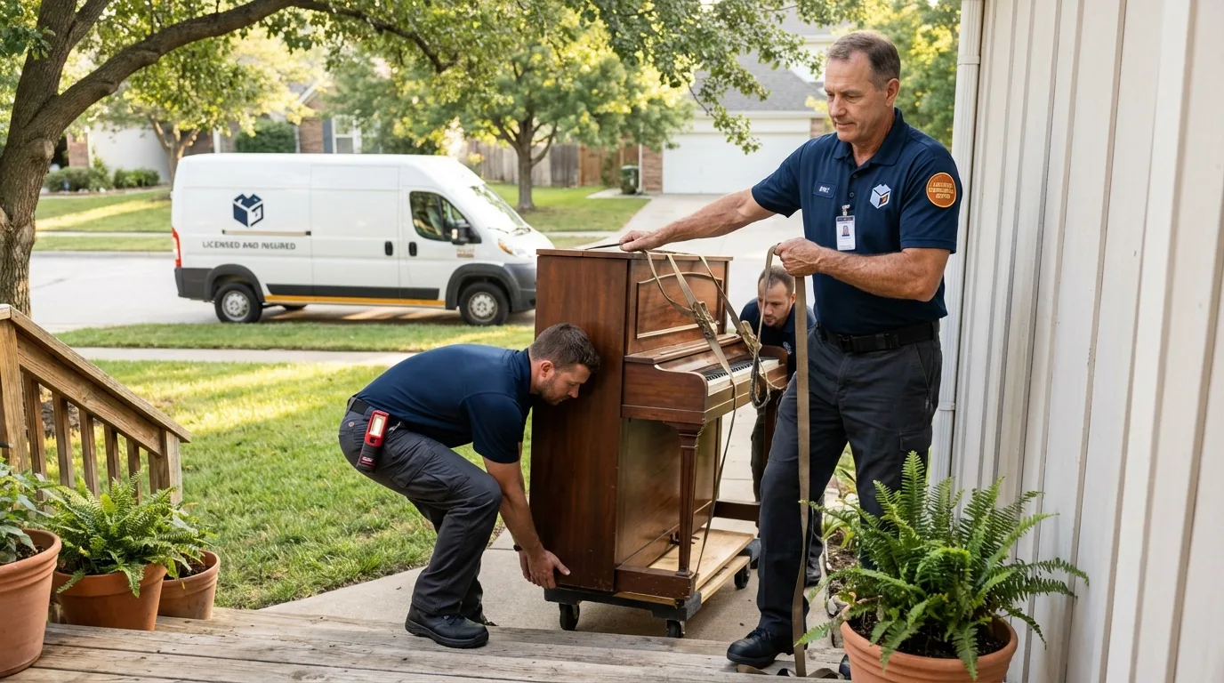 Licensed piano movers securing grand piano in Beecher, IL