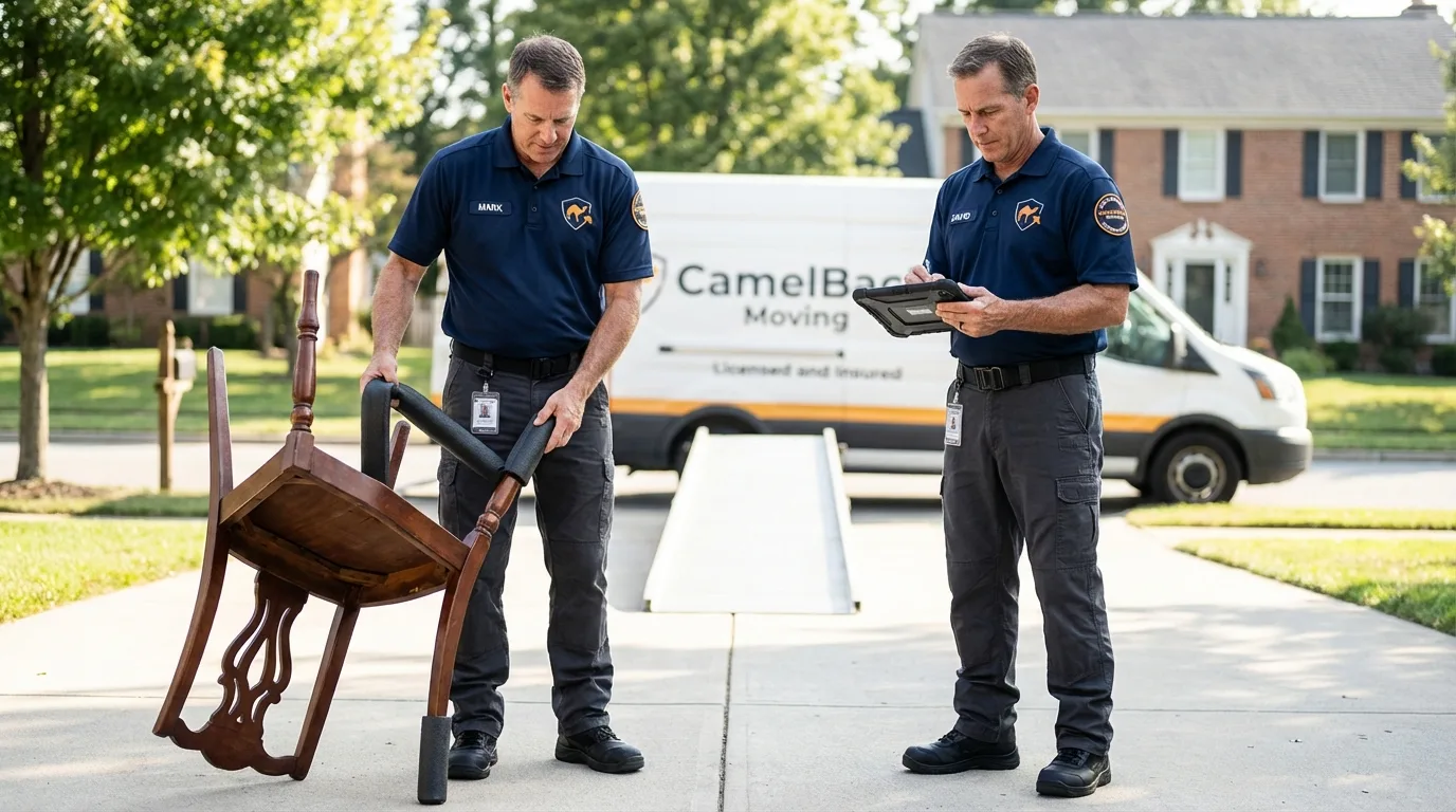 Movers inspecting furniture for damage prevention before loading in Beecher, IL